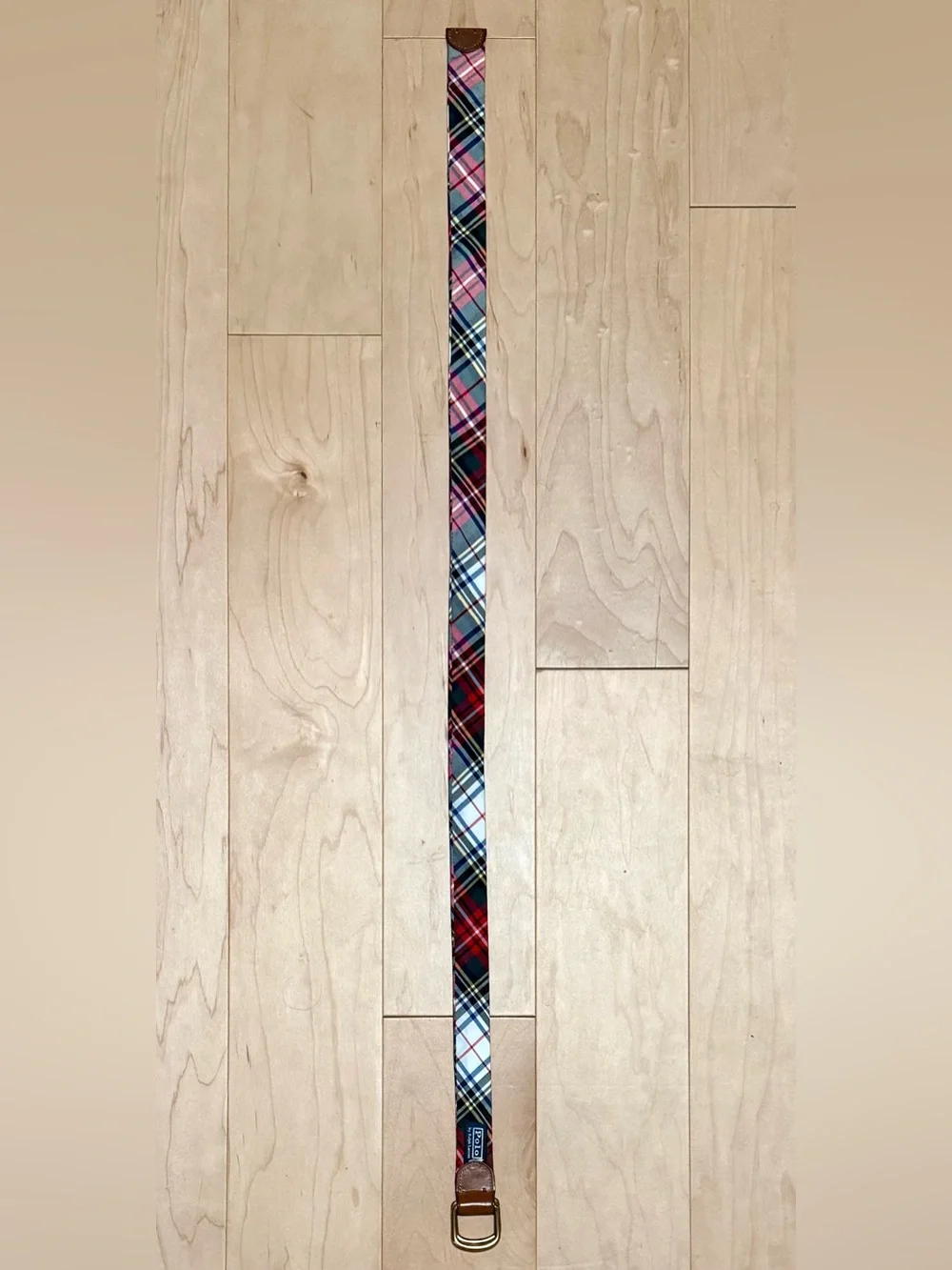 Polo Ralph Lauren D-Ring Belt Tartan Plaid Cotton Leather Trim Adjustable S/M*